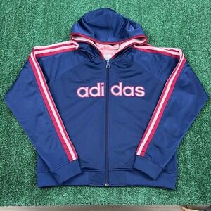 Vintage Adidas Polyester Full Zip Hoodie Womens Medium Navy Blue Red Pink Y2K